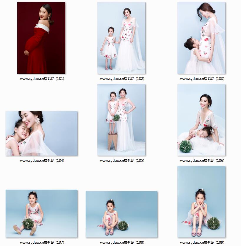 高端亲子全家福样片，影楼孕妇儿童工笔画摄影写真样照