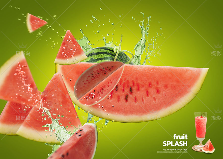 款新鲜水果店海报背景PSD模板，超市西瓜草莓果汁饮料设计模板素材