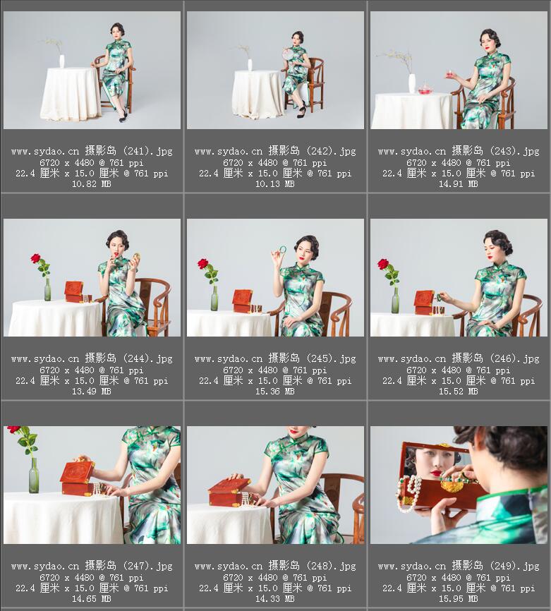 中国复古旗袍风摄影样片，古装工笔画成熟女人照片图片