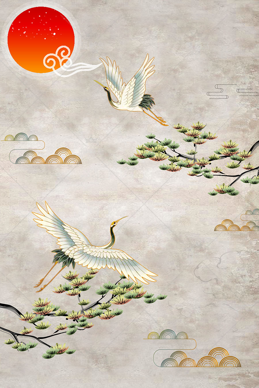 中国古典古韵仙鹤祥云PSD海报宣传背景图，古装锦鲤图腾模板设计素材