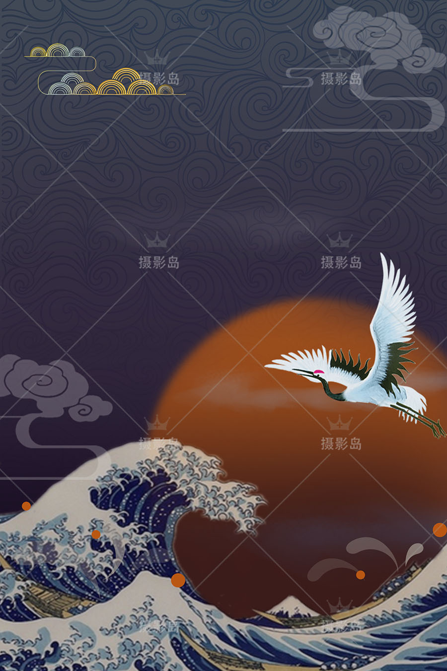 中国古典古韵仙鹤祥云PSD海报宣传背景图，古装锦鲤图腾模板设计素材