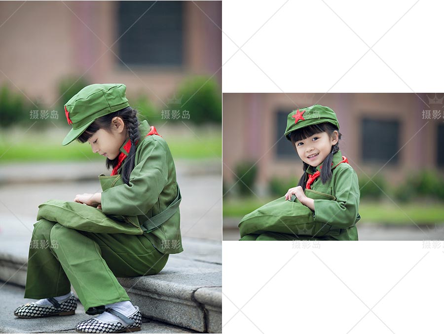 创意儿童艺术照小小红军装样片样册，PSD军旅元素主题摄影相册模板