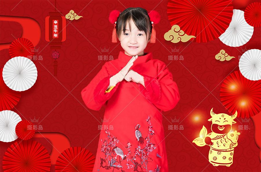 新年牛年喜庆大红色全家福亲子儿童摄影写真PSD背景模板素材