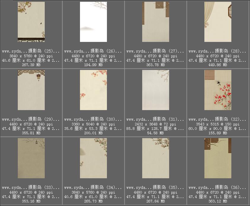 中国风孙郡工笔画PSD模板背景素材，工笔画竹子、桃花、荷花、牡丹、灯笼、屏风、摆件等图片素材