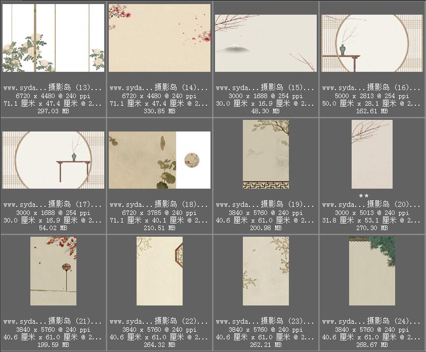 中国风孙郡工笔画PSD模板背景素材，工笔画竹子、桃花、荷花、牡丹、灯笼、屏风、摆件等图片素材