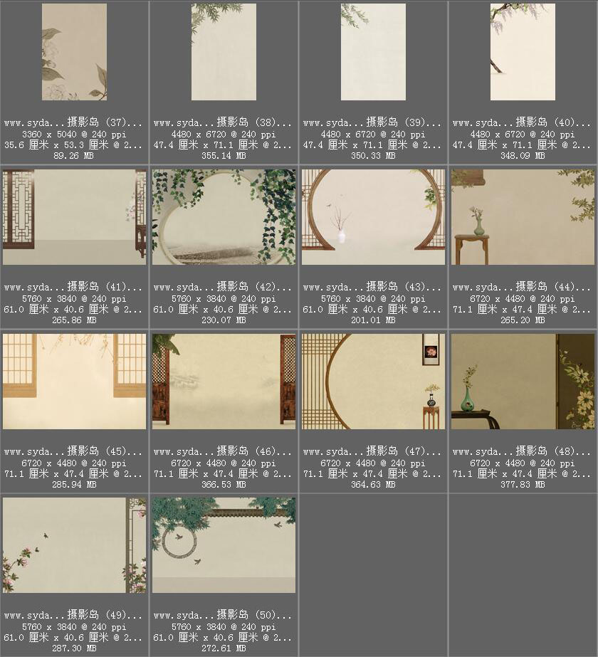 中国风孙郡工笔画PSD模板背景素材，工笔画竹子、桃花、荷花、牡丹、灯笼、屏风、摆件等图片素材