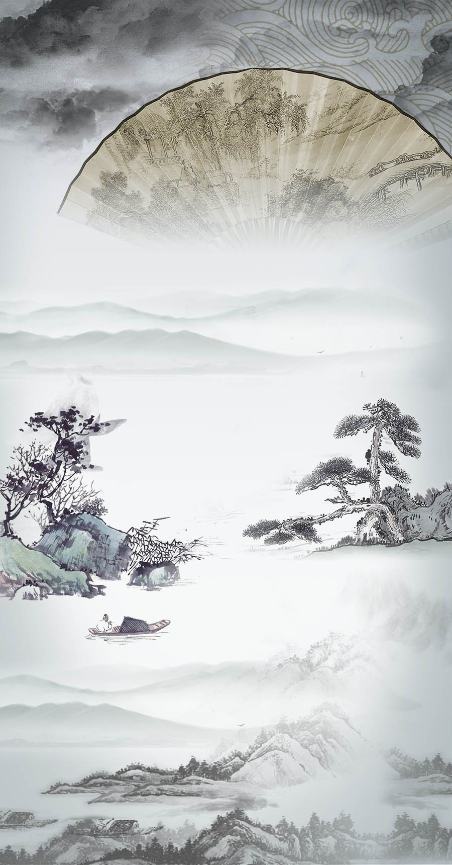 中国画传统水墨工笔画PSD海报背景模板，古风风景、山水、花卉、飞鸟素材合集