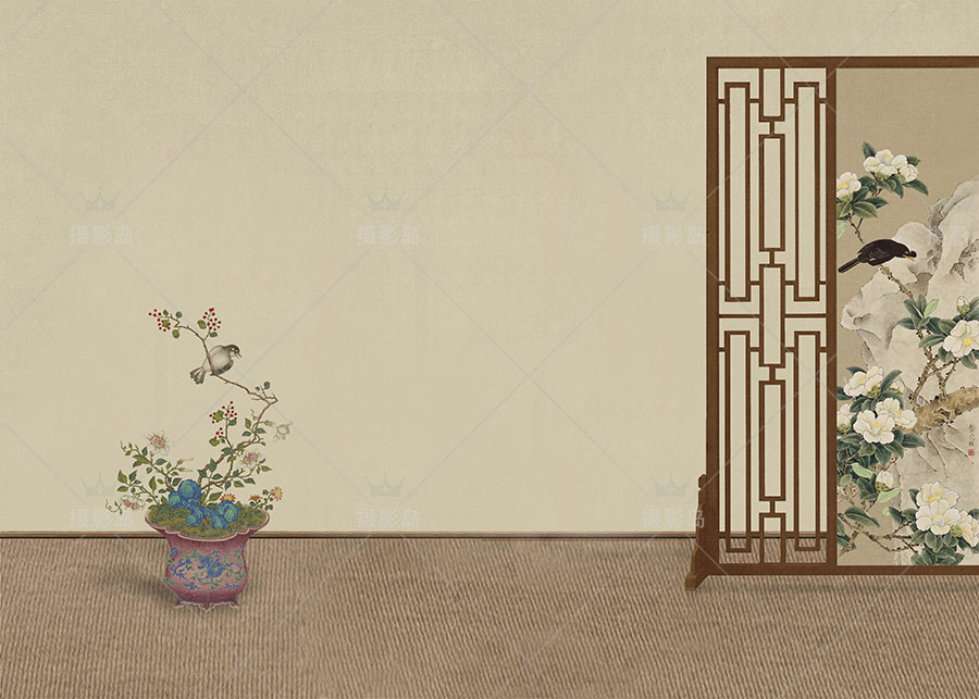 中国古装孙郡民国工笔画背景PSD模板，屏风花草图案素材