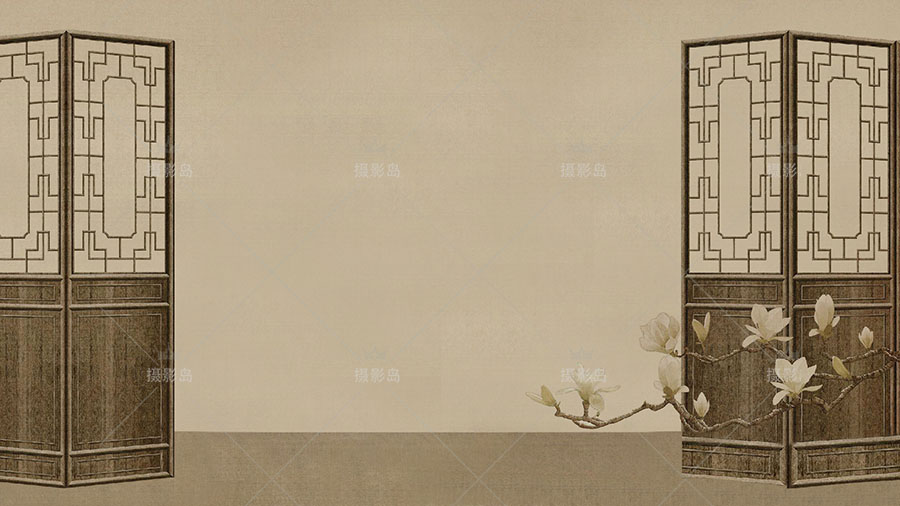 中国古装孙郡民国工笔画背景PSD模板，屏风花草图案素材