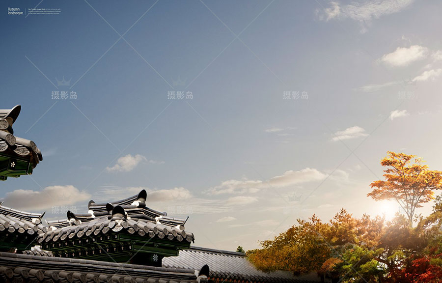 中国古风古典建筑PSD分层设计模板，山水手绘水墨画背景天空素材