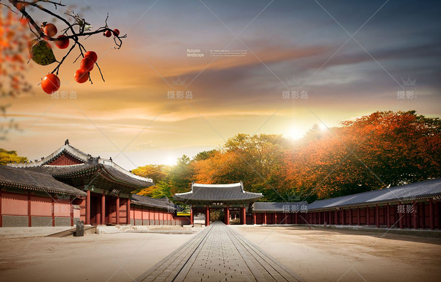 中国古风古典建筑PSD分层设计模板，山水手绘水墨画背景天空素材