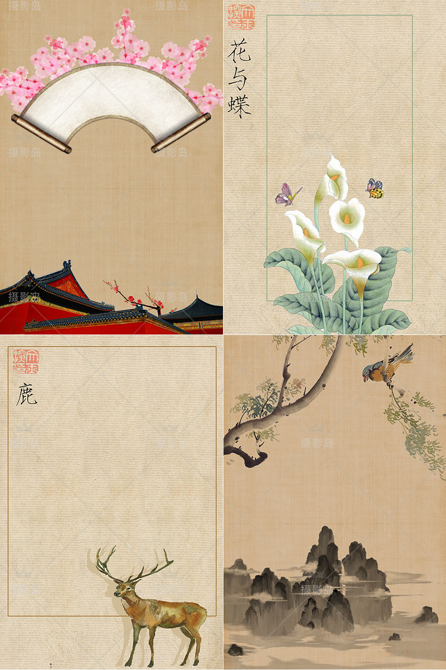 民国风工笔画PSD合成背景模板，中国画山水墨风景、花鸟、荷花、禅意素材