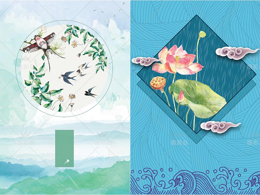 民国风工笔画PSD合成背景模板，中国画山水墨风景、花鸟、荷花、禅意素材