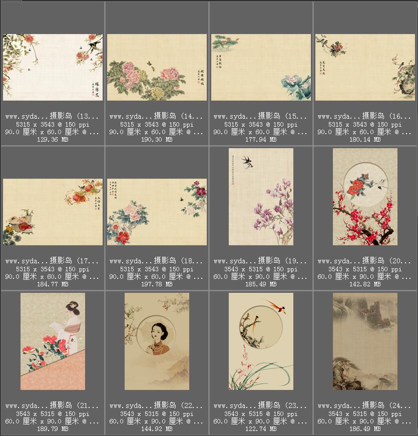 中国民国古装工笔画PSD合成背景模板，国画、山水墨画、风景、花鸟、荷花、禅意等素材