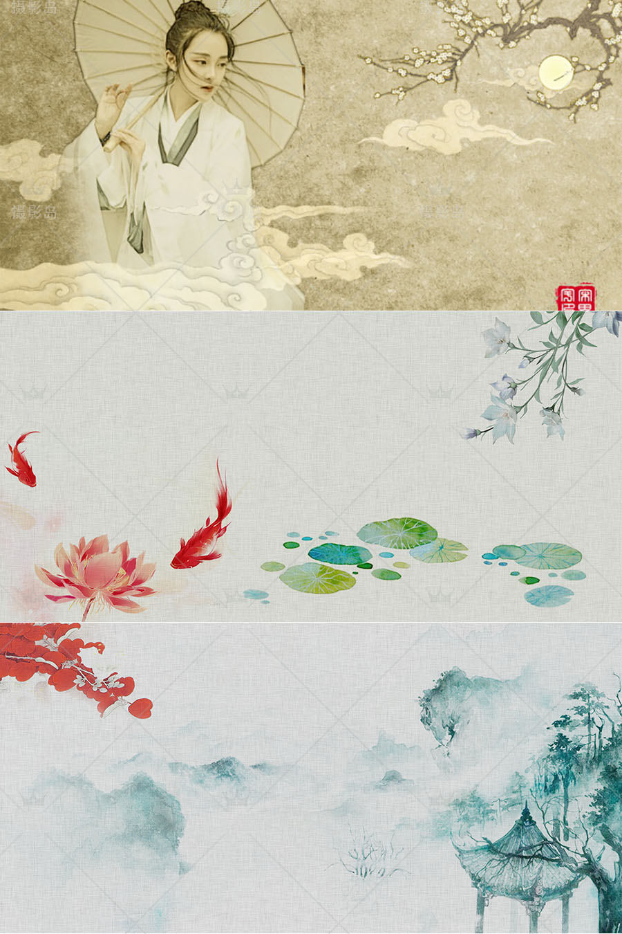 中国复古风水墨工笔画PSD背景模板，古典花草、鸟类等PS素材