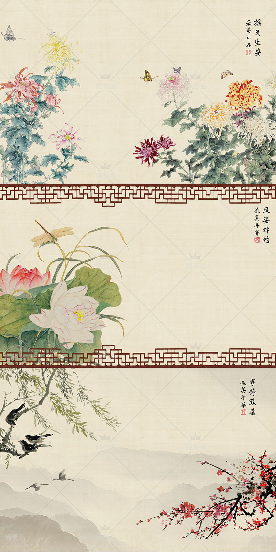 中国民国古装工笔画PSD合成背景模板，国画、山水墨画、风景、花鸟、荷花、禅意等素材