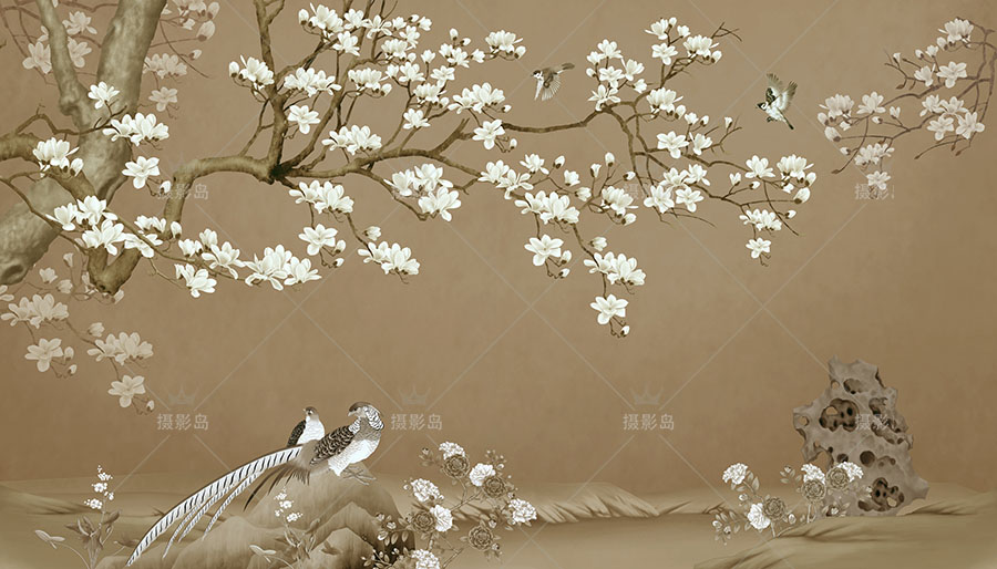 中国风古典水墨画psd设计模板素材，高清工笔画背景