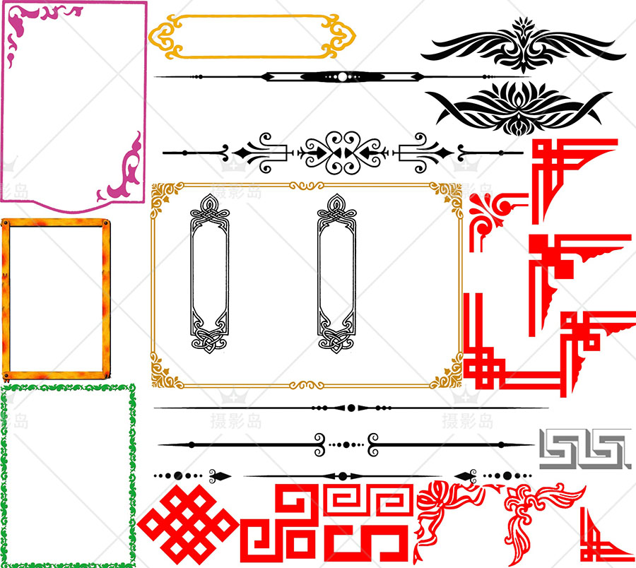 古风古装古典花边边框PSD分层素材，祥云、图腾、相框相册背景装饰模板