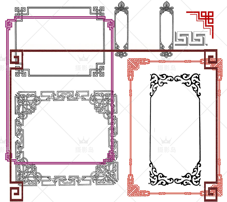 古风古装古典花边边框PSD分层素材，祥云、图腾、相框相册背景装饰模板