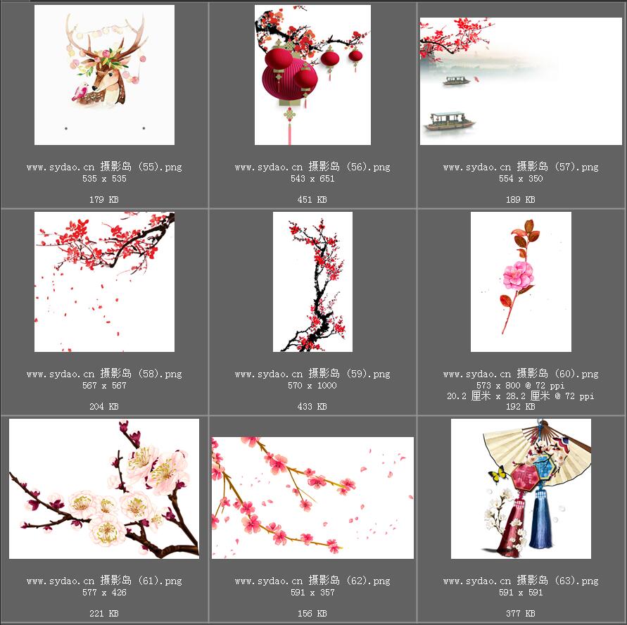 水彩花卉、海棠花、樱花、梅花、桃花、工笔画插画、点缀装饰前景png免抠合成素材