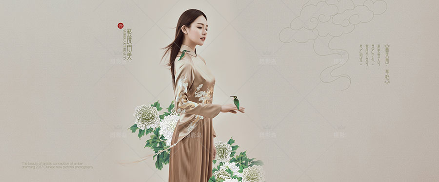 中国风工笔画艺术写真样册样片，影楼古装复古婚纱PSD背景模板