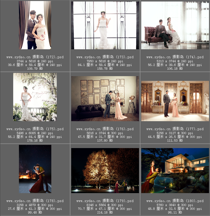 4D婚纱照PSD分层背景模版，婚纱摄影修片创意后期3D抠图换景素材