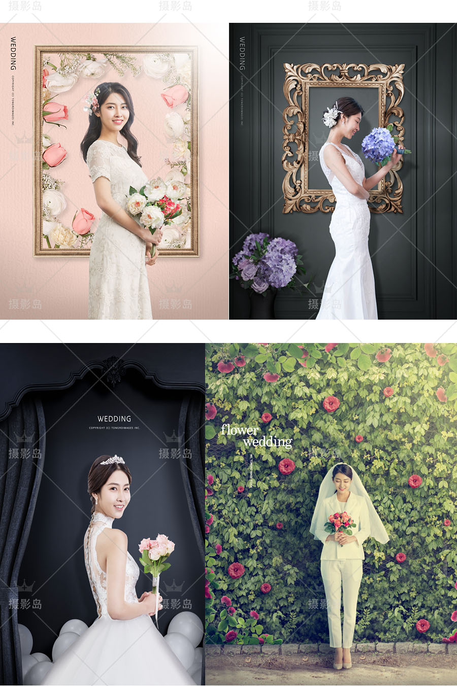 影楼內景情侣婚纱照、个人写真鲜花墙换背景PSD模板素材