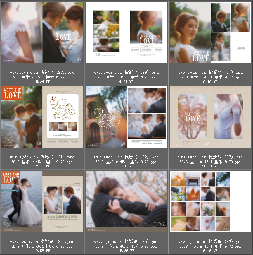 欧式时尚简约婚纱摄影相册PSD模板，内外景写真艺术照排版套版素材