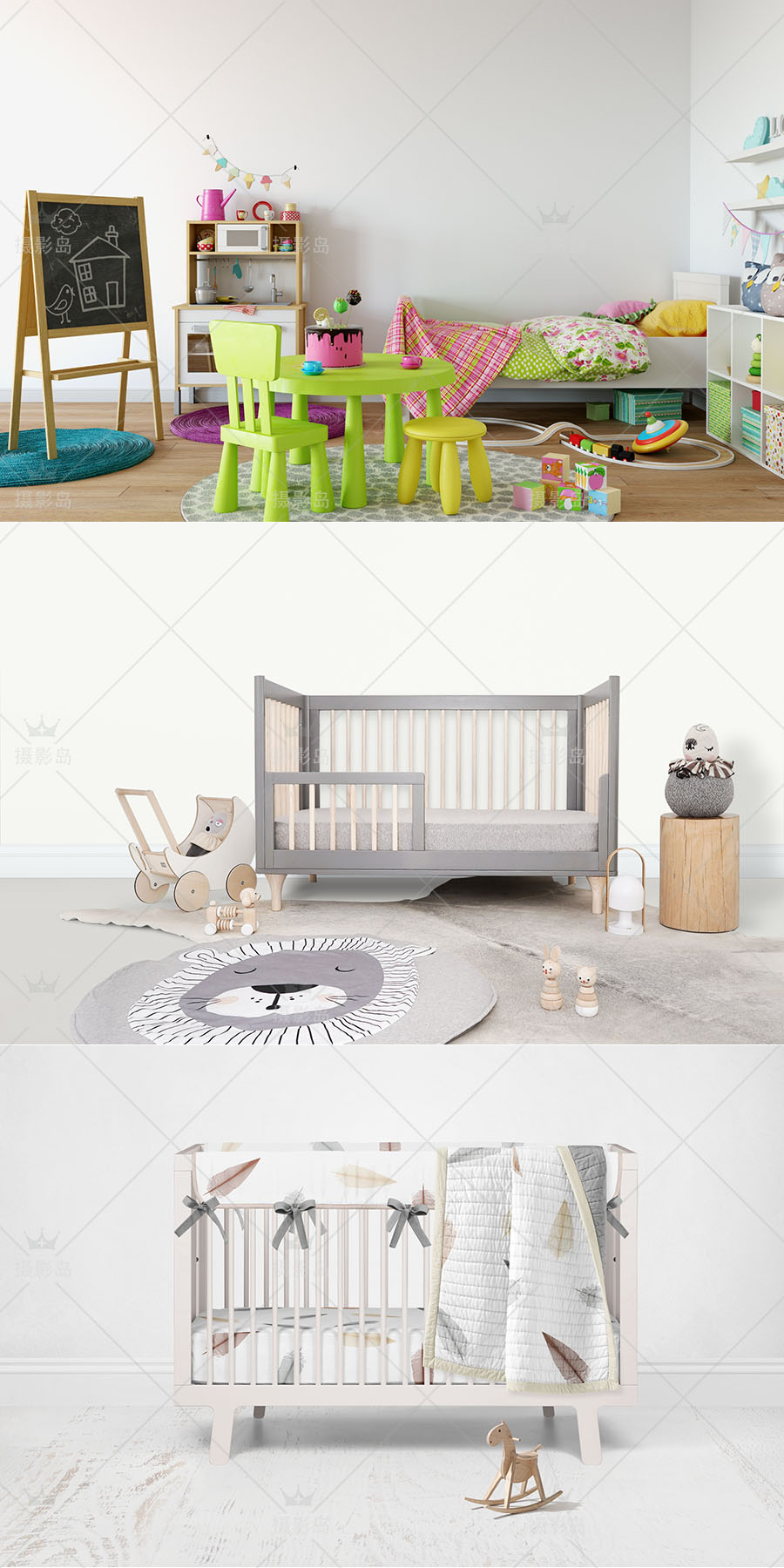 室内趣味创意设计3D立体合成背景模板， 宝宝儿童房效果抠图PSD素材