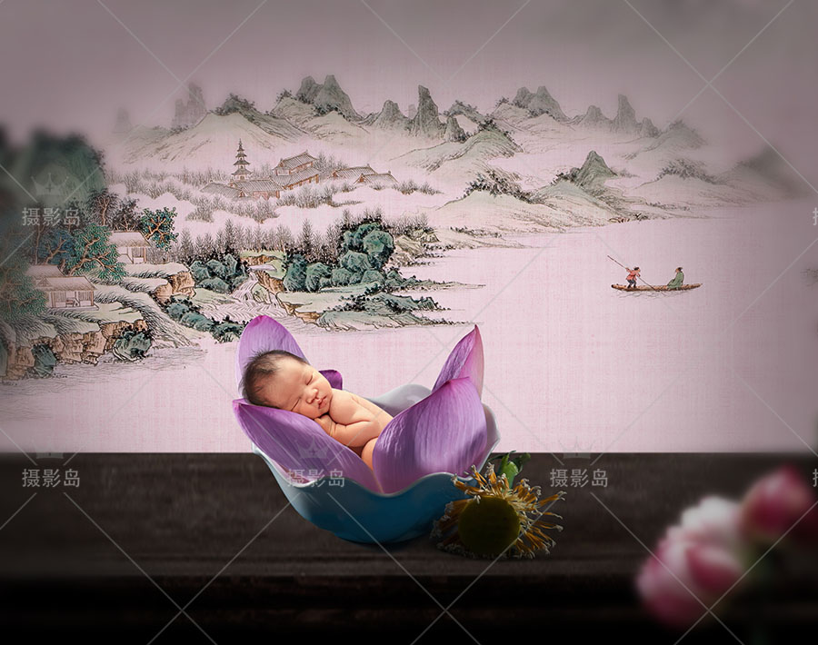 中国风古典工笔画新生儿摄影合成背景PSD模板，创意复古新生成拍照素材