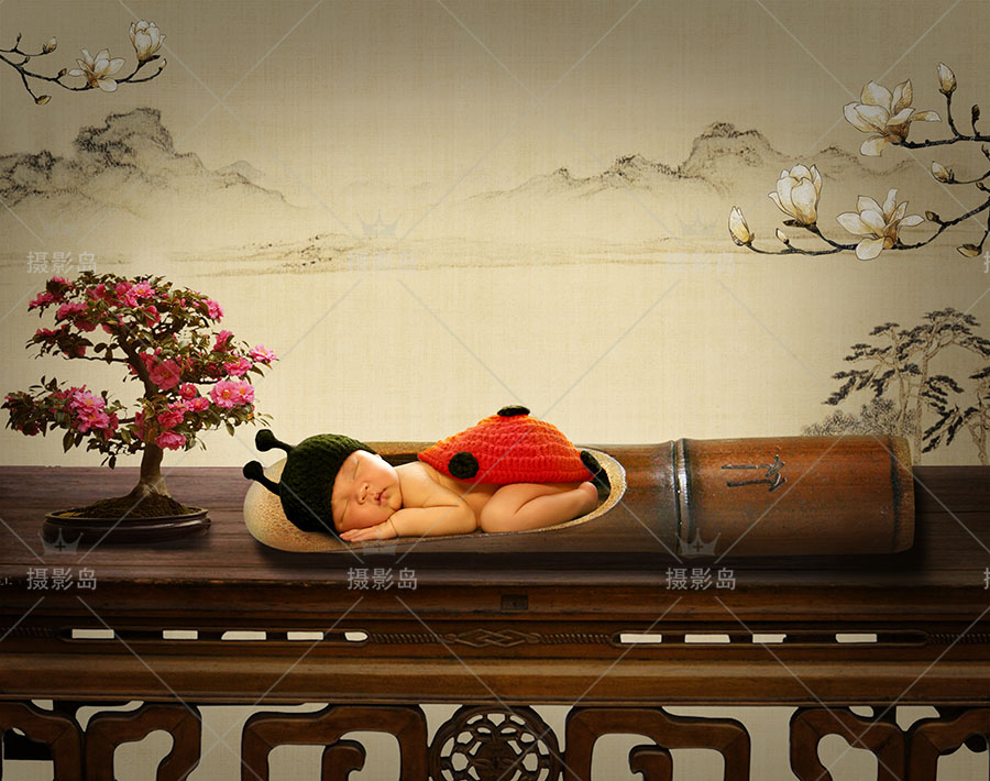 中国风古典工笔画新生儿摄影合成背景PSD模板，创意复古新生成拍照素材