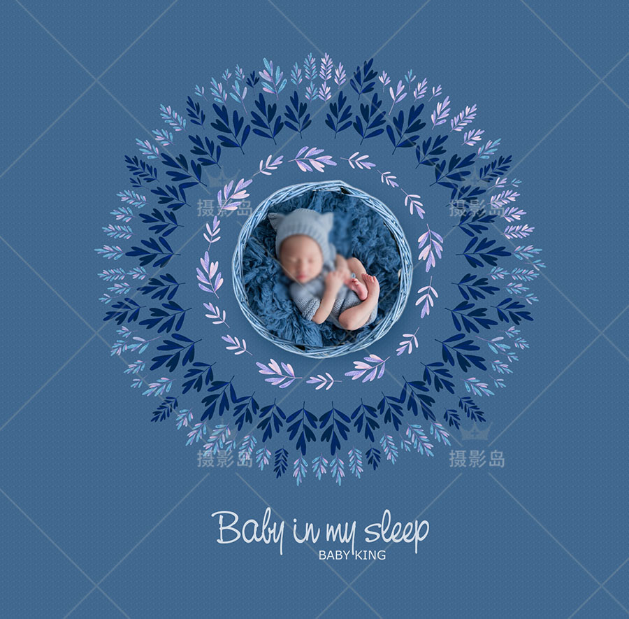新生儿宝宝摄影创意合成背景psd模板,新生儿圆型花环花卉换景素材