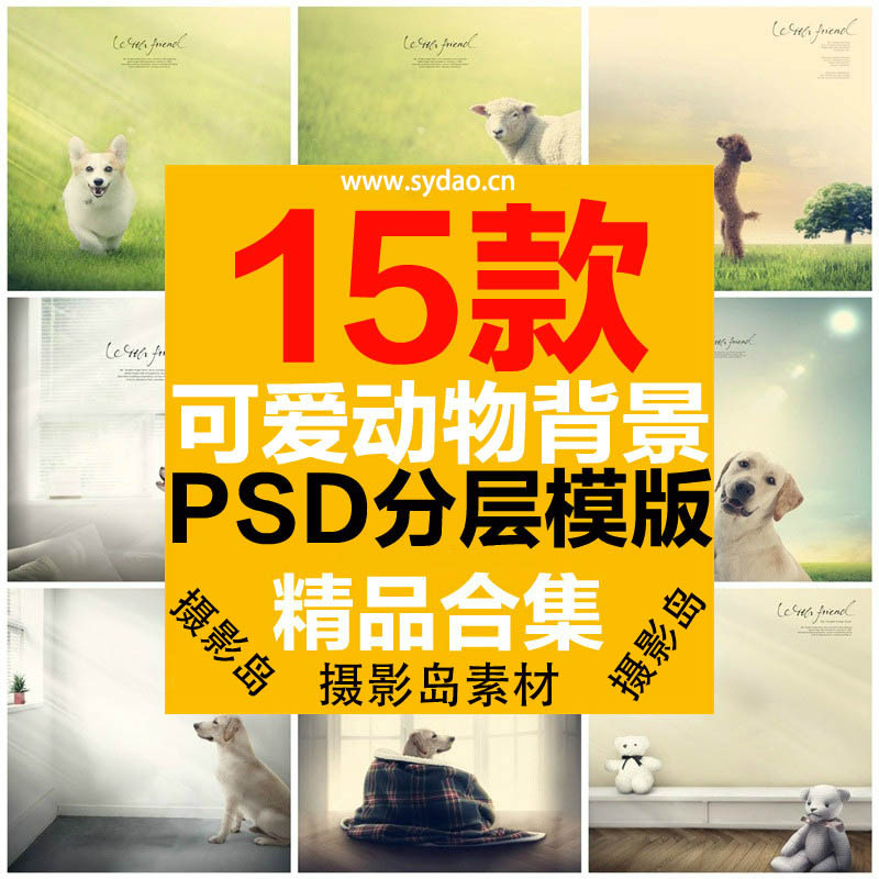 15款动物宠物、可爱猫咪狗狗、儿童写真合成背景PSD海报模板