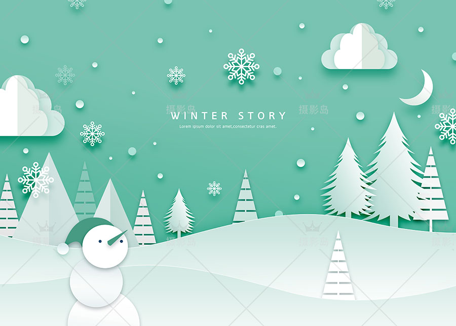 冬季圣诞节剪纸风格商场贴画、窗贴海报PSD设计素材