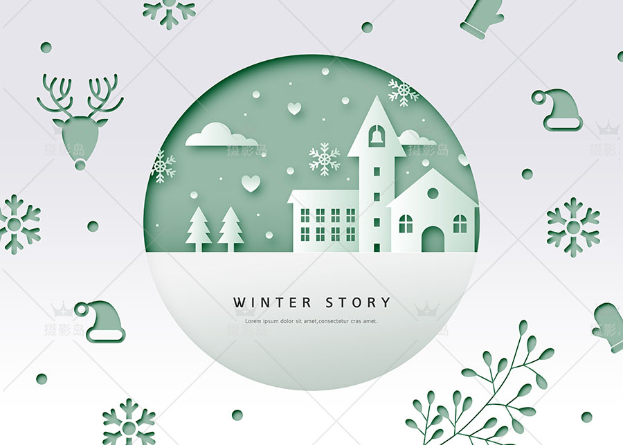 冬季圣诞节剪纸风格商场贴画、窗贴海报PSD设计素材