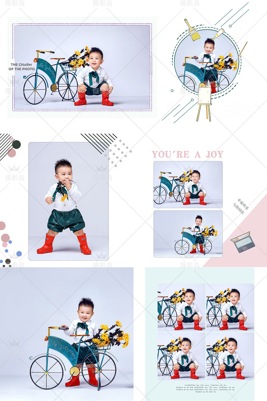 潮童儿童宝宝PSD相册排版模板，周岁宝贝摄影后期套版竖版方版10寸