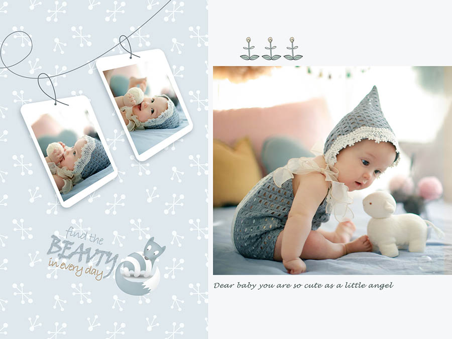 影楼新生儿、百天、周岁宝宝写真摄影相册设计竖版面PSD模板素材