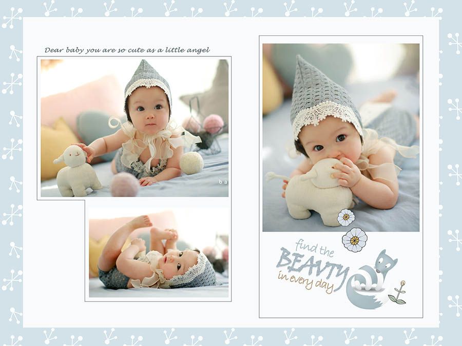 影楼新生儿、百天、周岁宝宝写真摄影相册设计竖版面PSD模板素材