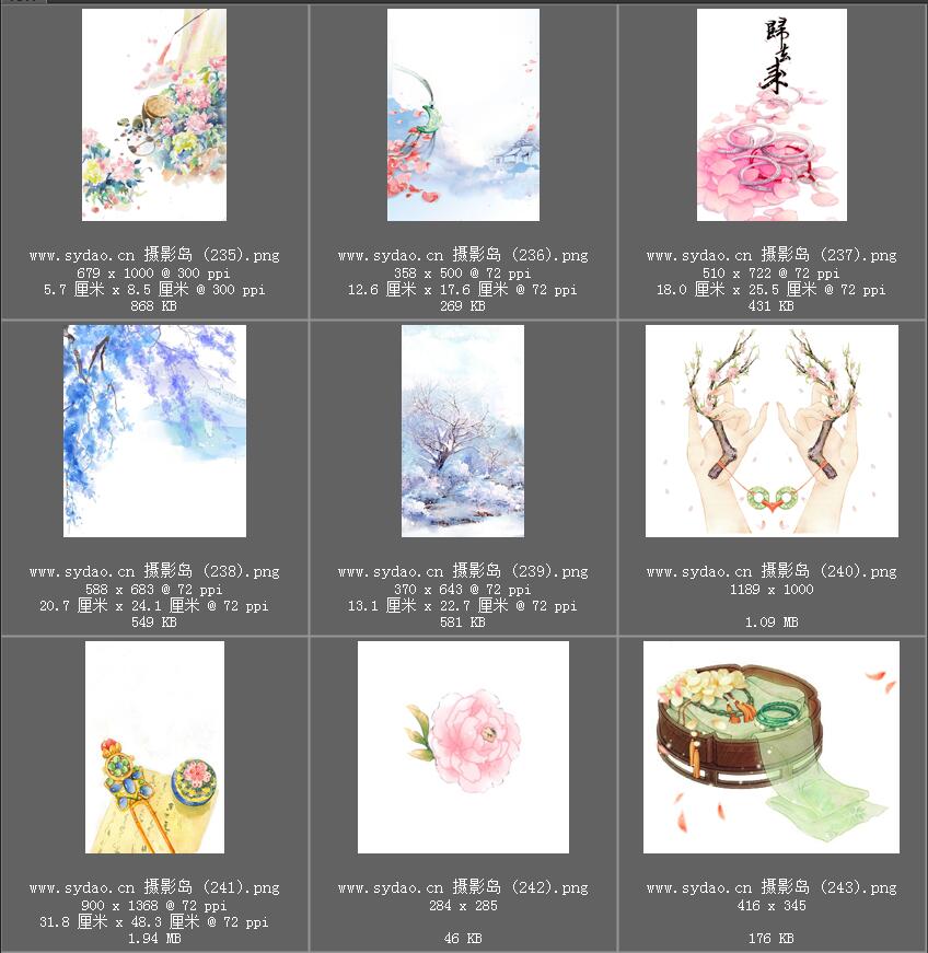 水彩花卉、水墨樱花、梅花、工笔画荷花PNG透明素材