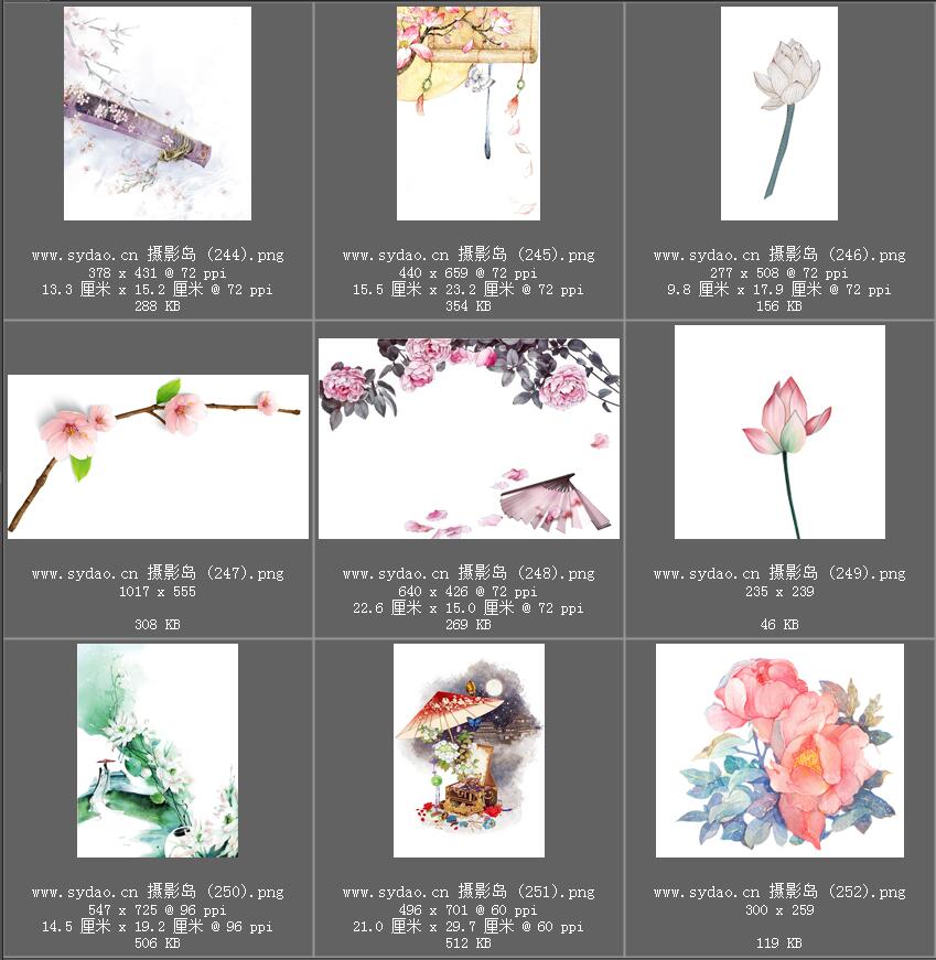 水彩花卉、水墨樱花、梅花、工笔画荷花PNG透明素材