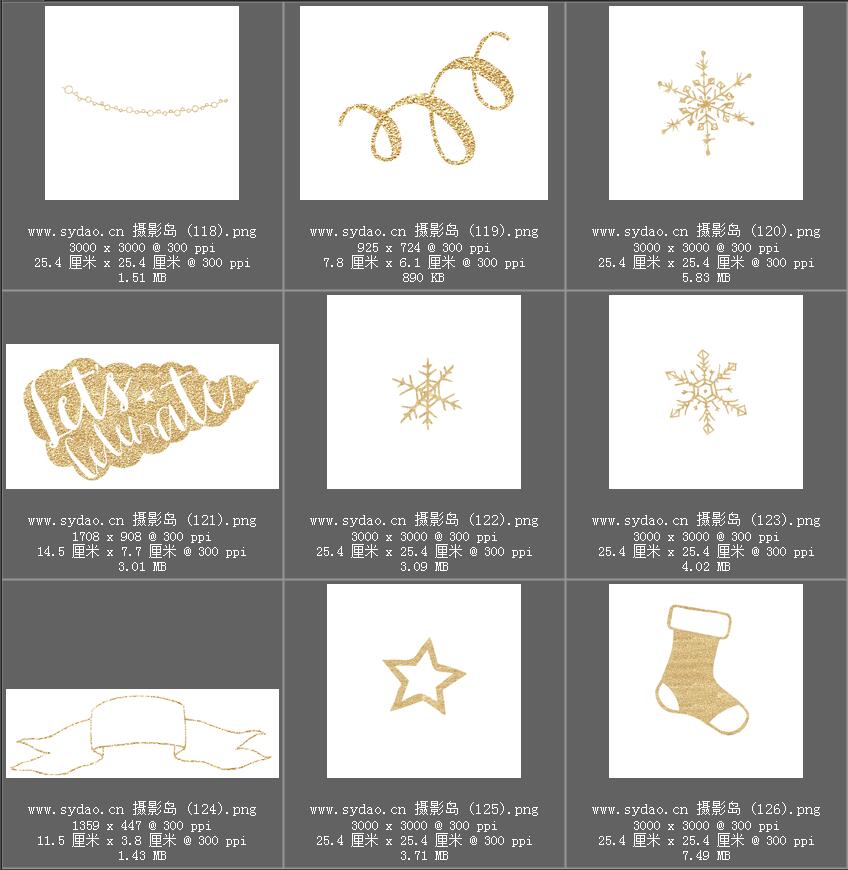 圣诞节日海报金色装饰物素材， 金色麋鹿、松树、字母、数字、雪花素材