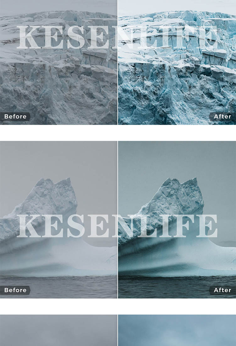 冬天雪景冰岛芬兰南极冰川风光预设，适用于Lightroom/PS/手机版LR/PR/AE/FCPX/Luts等后期调色滤镜