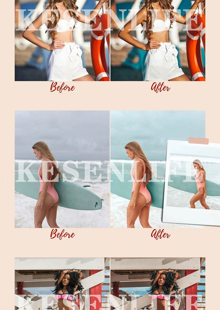 夏天迈阿密沙滩少女古铜肤色泳装人像预设，适用于Lightroom/PS/手机版LR/PR/AE/FCPX/Luts等后期调色滤镜