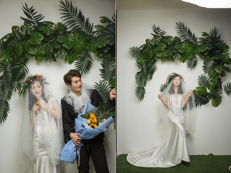 内景绿色植物墙面背景婚纱照raw未修原片