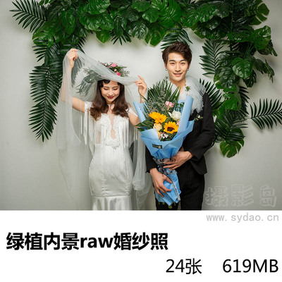 24张内景绿色植物墙面背景婚纱照raw未修原片，佳能相机cr2格式人像原图修图练习素材