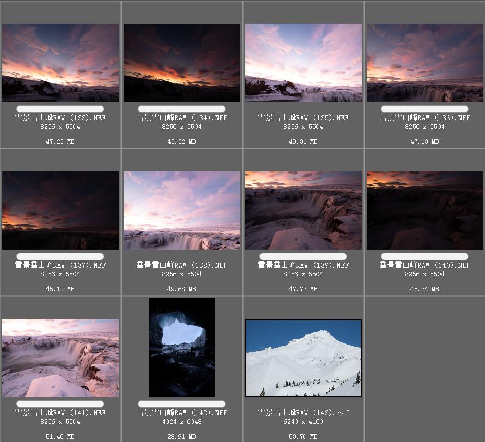 雪景、山峰、夕阳风光风景raw未修原片，raw格式原图修图练习素材