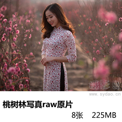 8张旗袍女孩桃树桃花林写真raw未修原片，尼康单反相机NEF格式原图练习素材