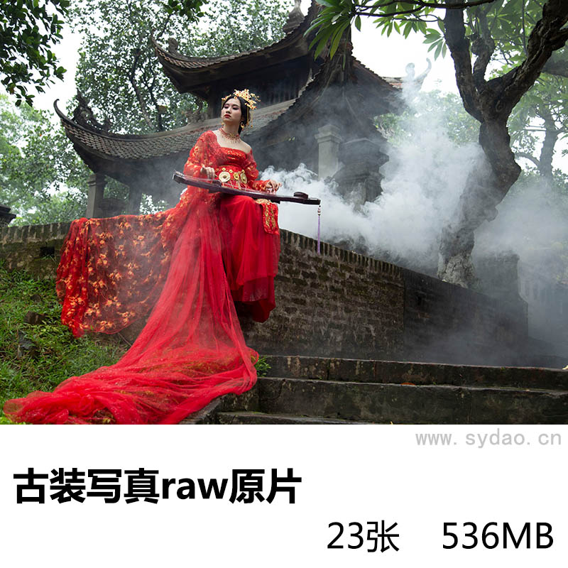 23张古装红色裙子笛子琵琶道具美女写真raw未修原片，佳能相机cr2格式原图练习素材