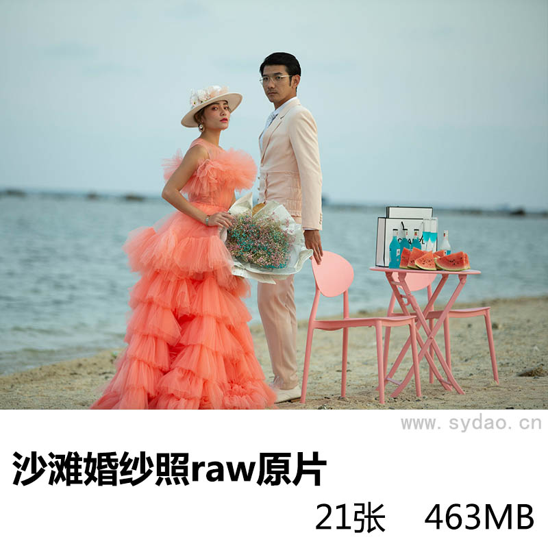 21张海边沙滩粉红色婚纱照raw未修原片，佳能相机cr2格式旅行婚纱摄影后期修图练习素材