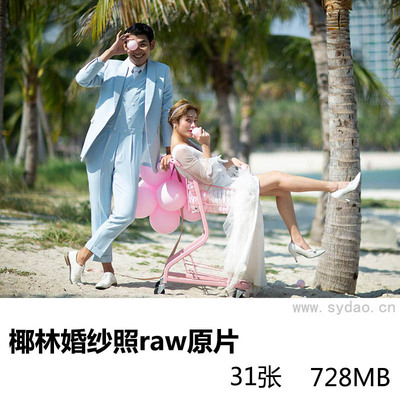 31张海边沙滩椰树林婚纱照raw未修原片，佳能相机cr2婚纱旅拍摄影后期修图练习素材